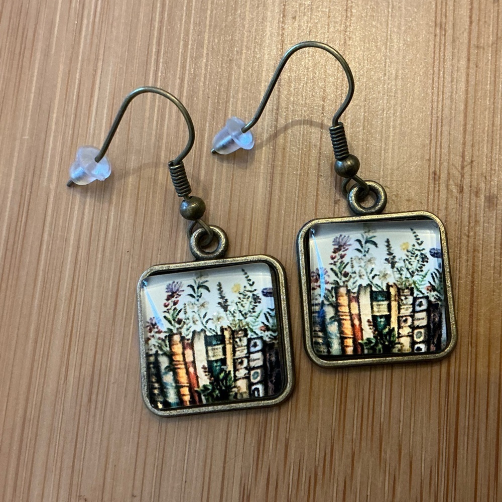 Square Botanical Books Earrings - White & Multicolor